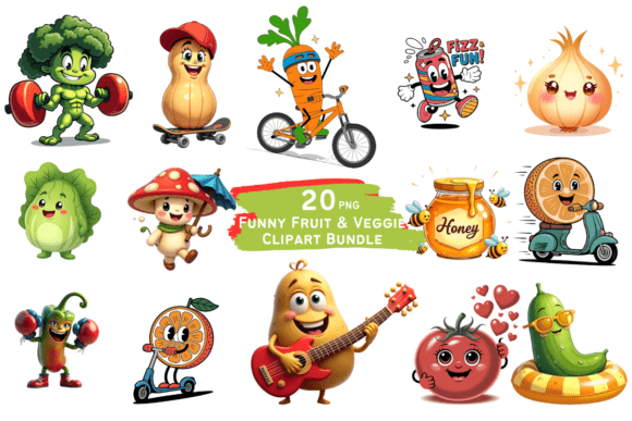 Bringing Playful Energy to Design with the Funny Fruit Veggie Clipart Bundle