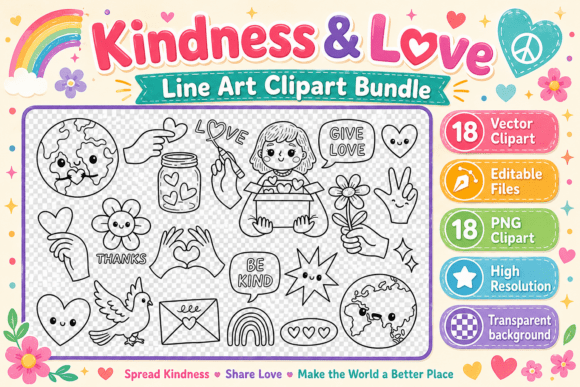 Kindness Love Line Art Clipart Bundle