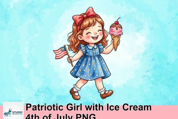 Patriotic Girl with Ice Cream 4th of July PNG: Elevating Summer Designs with Whimsical Charm